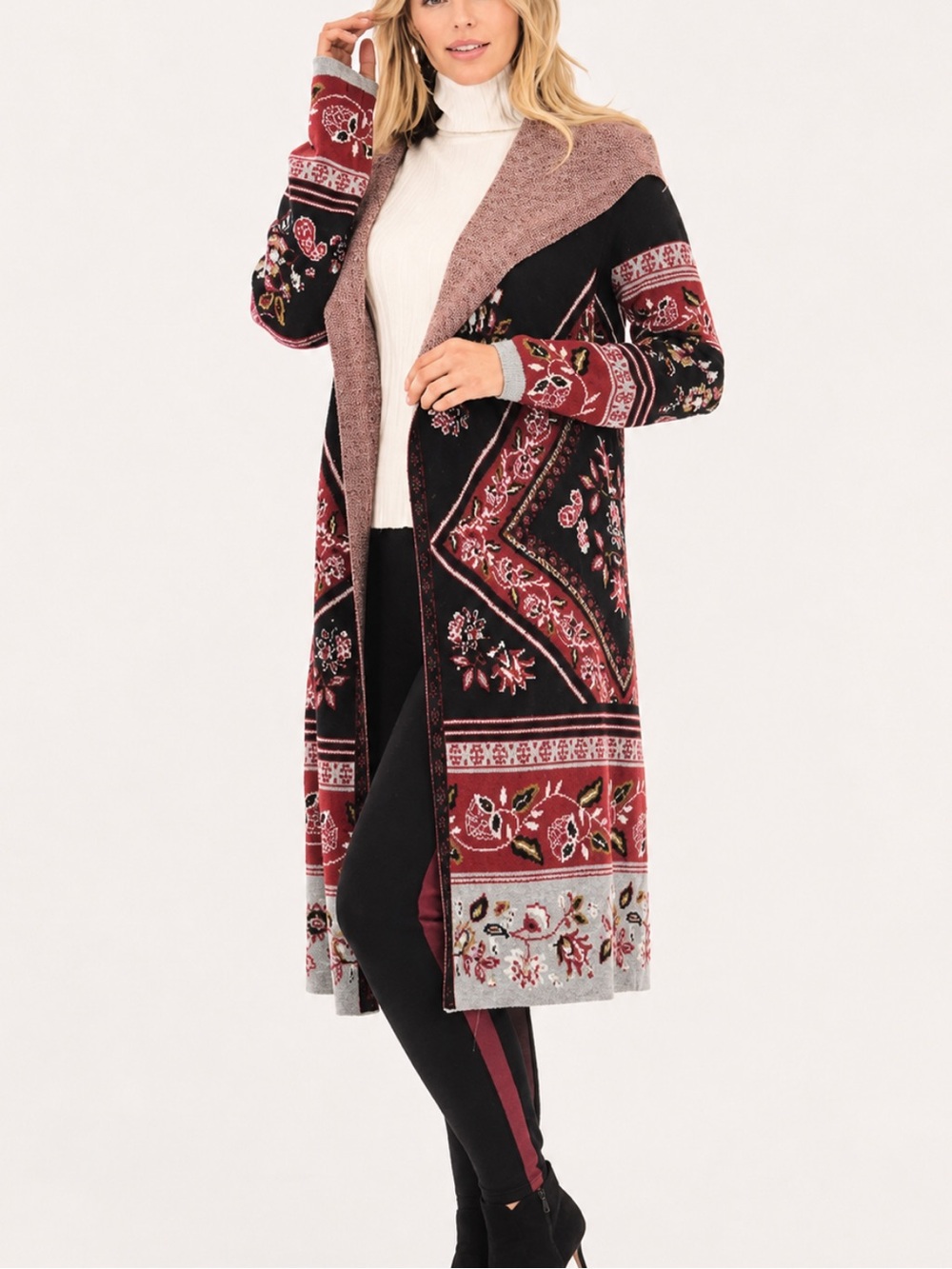 MAXSPORT Black and Red Floral Open Front Knit Cardigan. Size S.